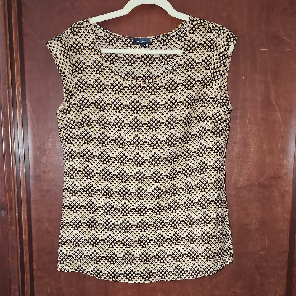 The Limited Beige and Black Geometric Cap-Sleeve Top